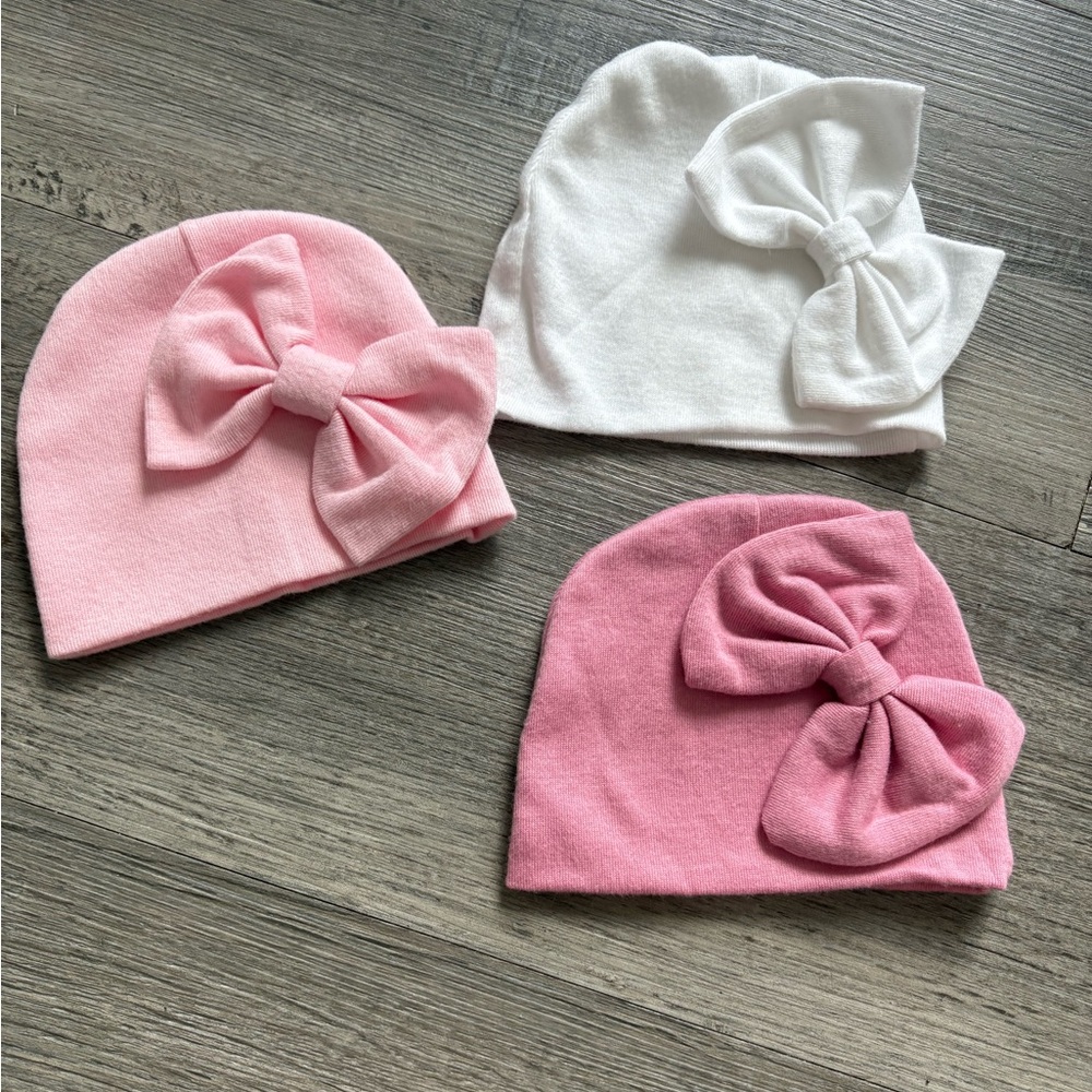 Pink and White Bow Beanie Set for Kids